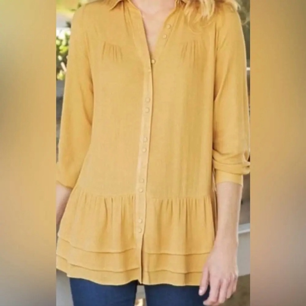 Soft Surroundings yellow tiered hem long sleeve oversized button up blouse
